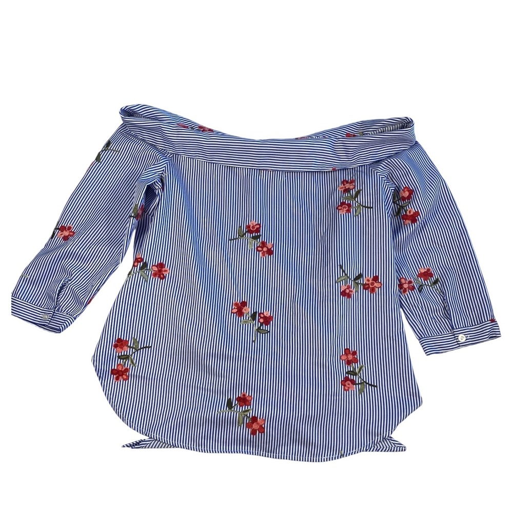 Haute Project LA Blue Stripe Floral Embroidered Tie Front Off Shoulder Top M - Picture 14 of 16